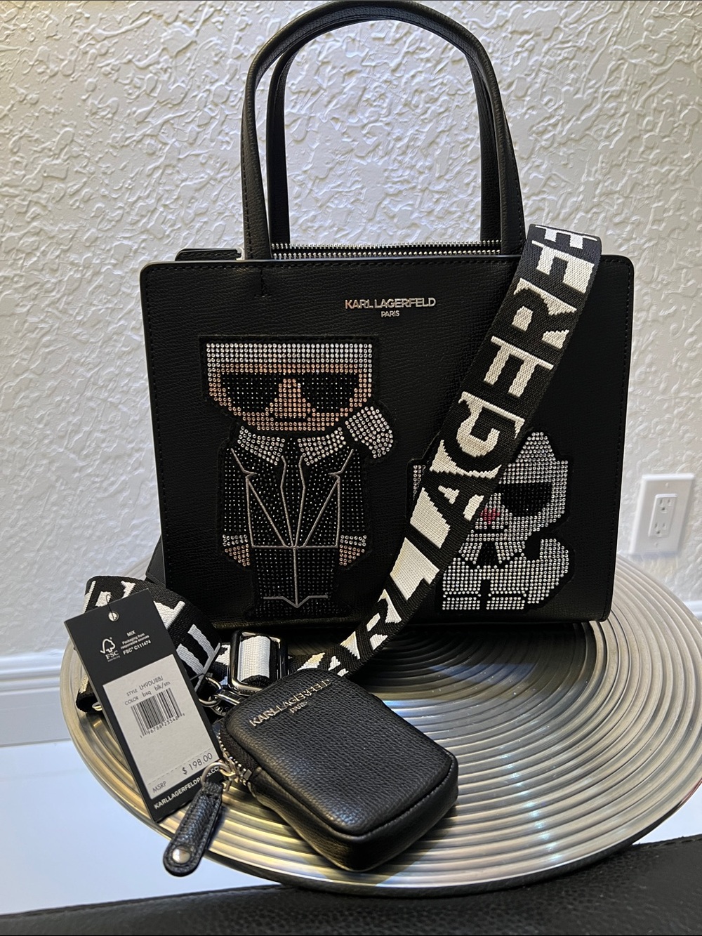 Karl Lagerfeld Black Crystal-Embellished Logo Tote with Branded Strap